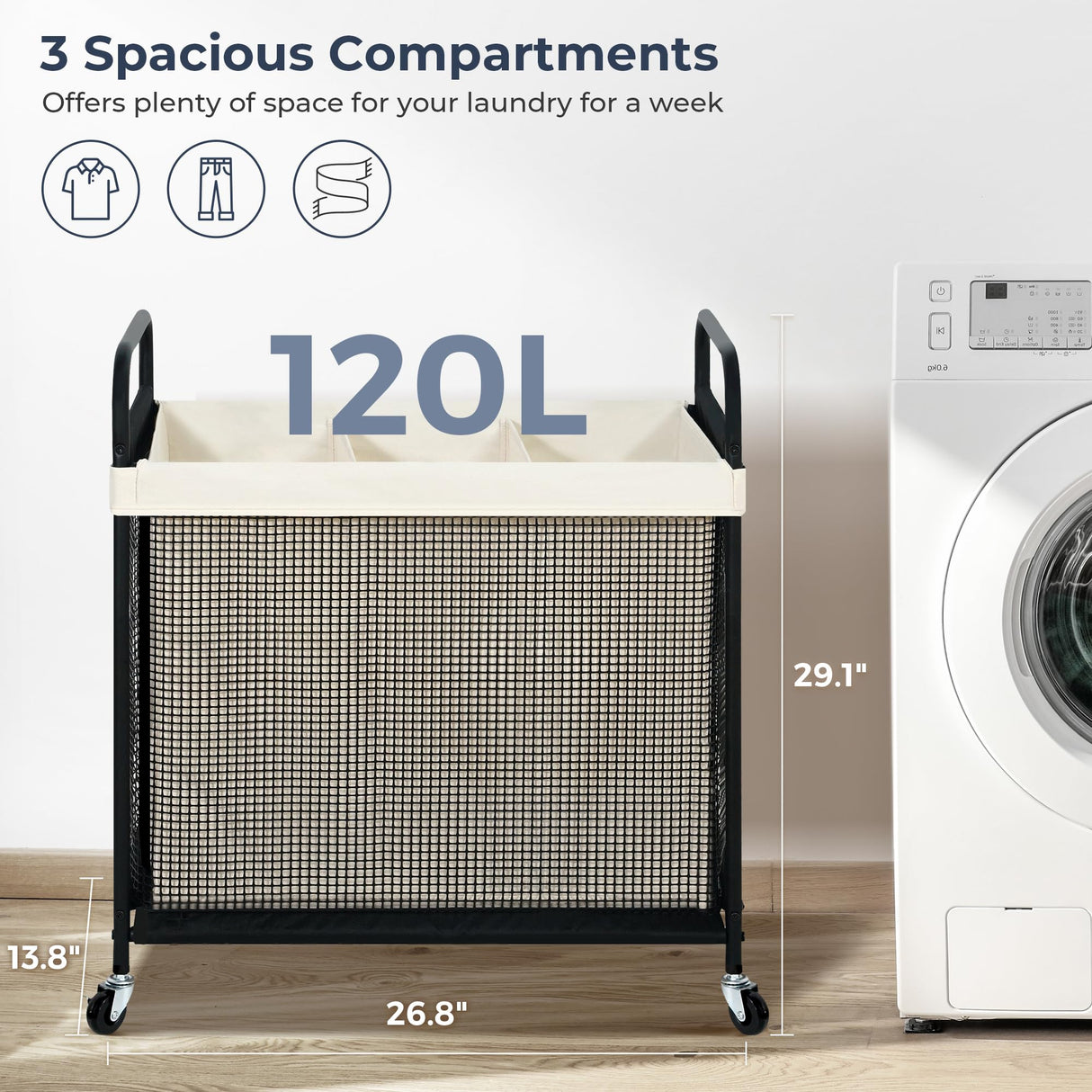 STO STO Laundry Hamper 3 Section, 120L Rolling Laundry Sorter Cart with Removable and Washable Liner Bag, Rolling Clothes Hamper with Metal Handle for Laundry Room and Bedroom STO STO