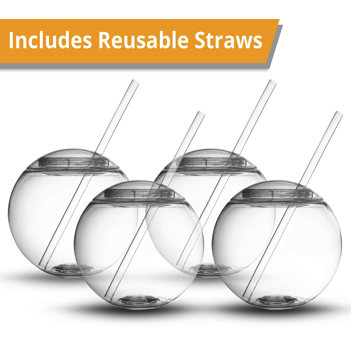 Fish Bowl for Drinks - Sphere Shaped Durable Drinking Party Cups with Cover, 4-Pack (22 oz) - Fun, Unique Design Sits Flat, 4 Straws Included - Great for Dinner and Cocktail Parties and Outdoor Use Kwirkworks