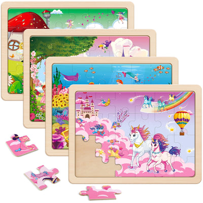 SYNARRY Large Unicorn Mermaid Princess Fairy Wooden Kids Puzzles 4 in 1 Gift Box(12.2*9.4 in) - FSC Certified, Puzzles for Toddlers 3-5, Puzzles for Kids Ages 4-6, Toys Gifts for 3 4 5 Year Old Girls