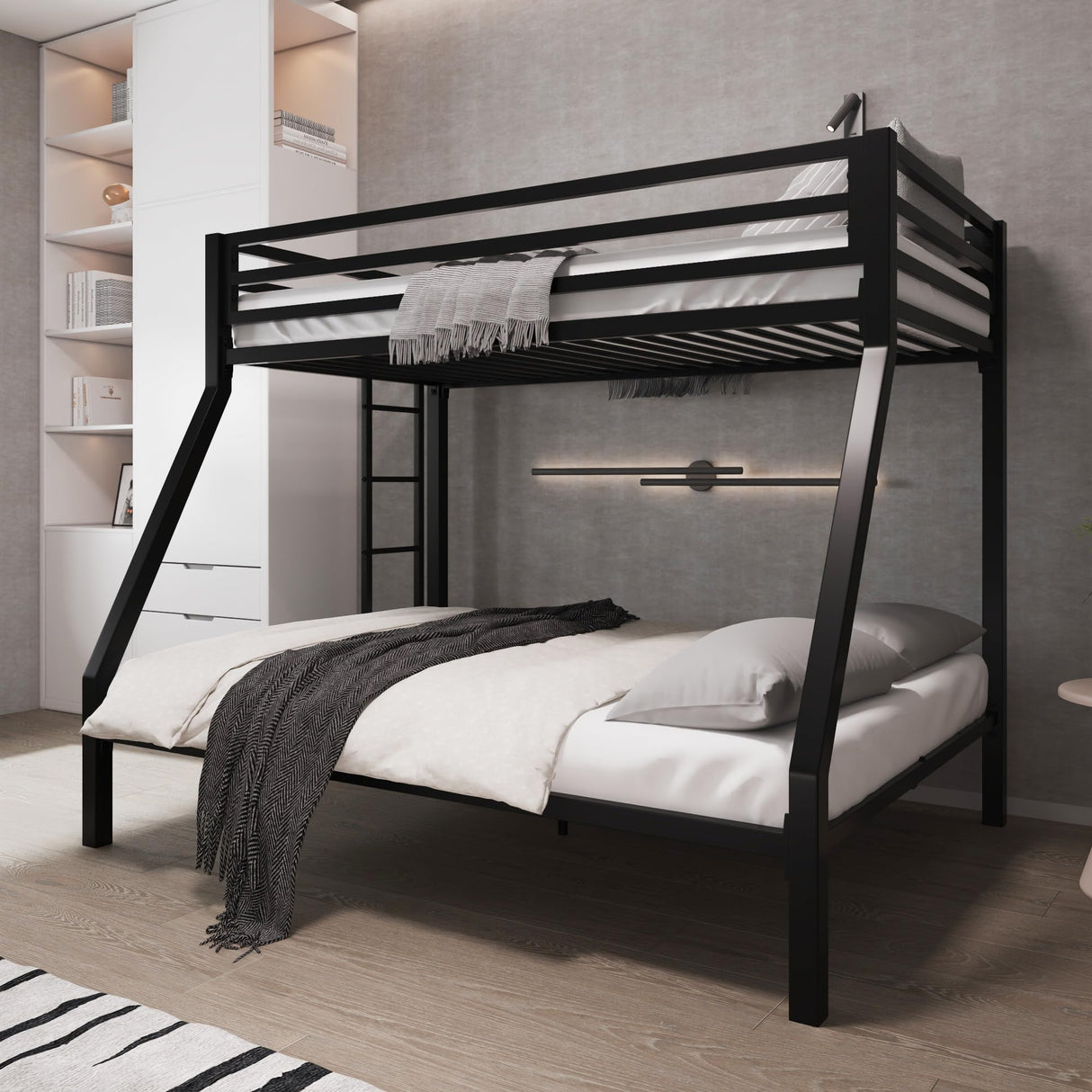 Allewie Metal Bunk Bed Twin Over Full Size for Junior & Adults with Ladder and Heavy Duty Guardrail, Small Space Saving Design for Bedroom Kid Room and Dorm, Black Allewie