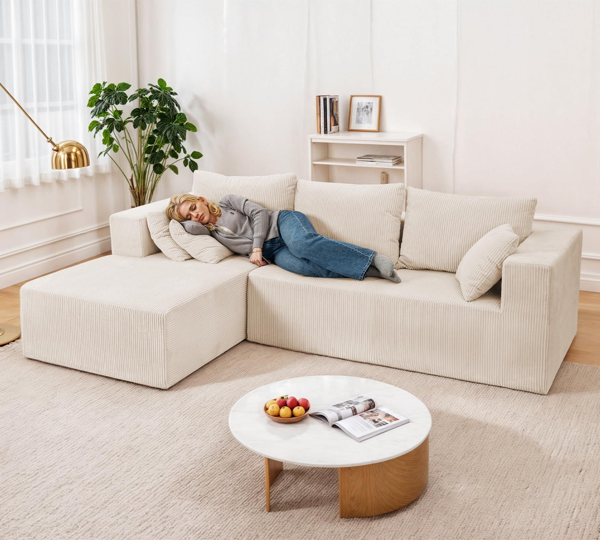 Modular Sectional Sofa, Cloud Sectional Couch with L-Shape Chaise, Modular Sofa with Deep Seat, Upholstered Couches Boneless Sofa for Living Room, White(Left Facing Chaise) Airynee