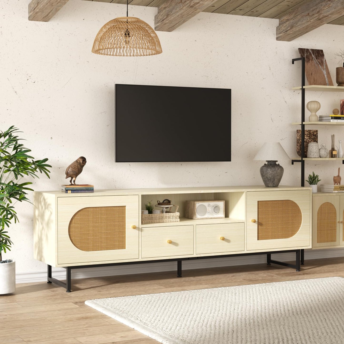 Long TV Stand for 70 75 inch TV, Rattan Entertainment Center with Storage Cabinets & Open Shelves, Modern TV Console Table for TVs Up to 80” for Living Room, Beige