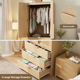 GarveeHome Armoire Wardrobe Closet, 69.5 in Wooden Wardrobe Cabinet with 3 Drawers, Hanging Rod, 2 Doors Clothing Storage Cabinet for Bedroom, Large Capacity Storage, Rattan Door, Natural GarveeHome