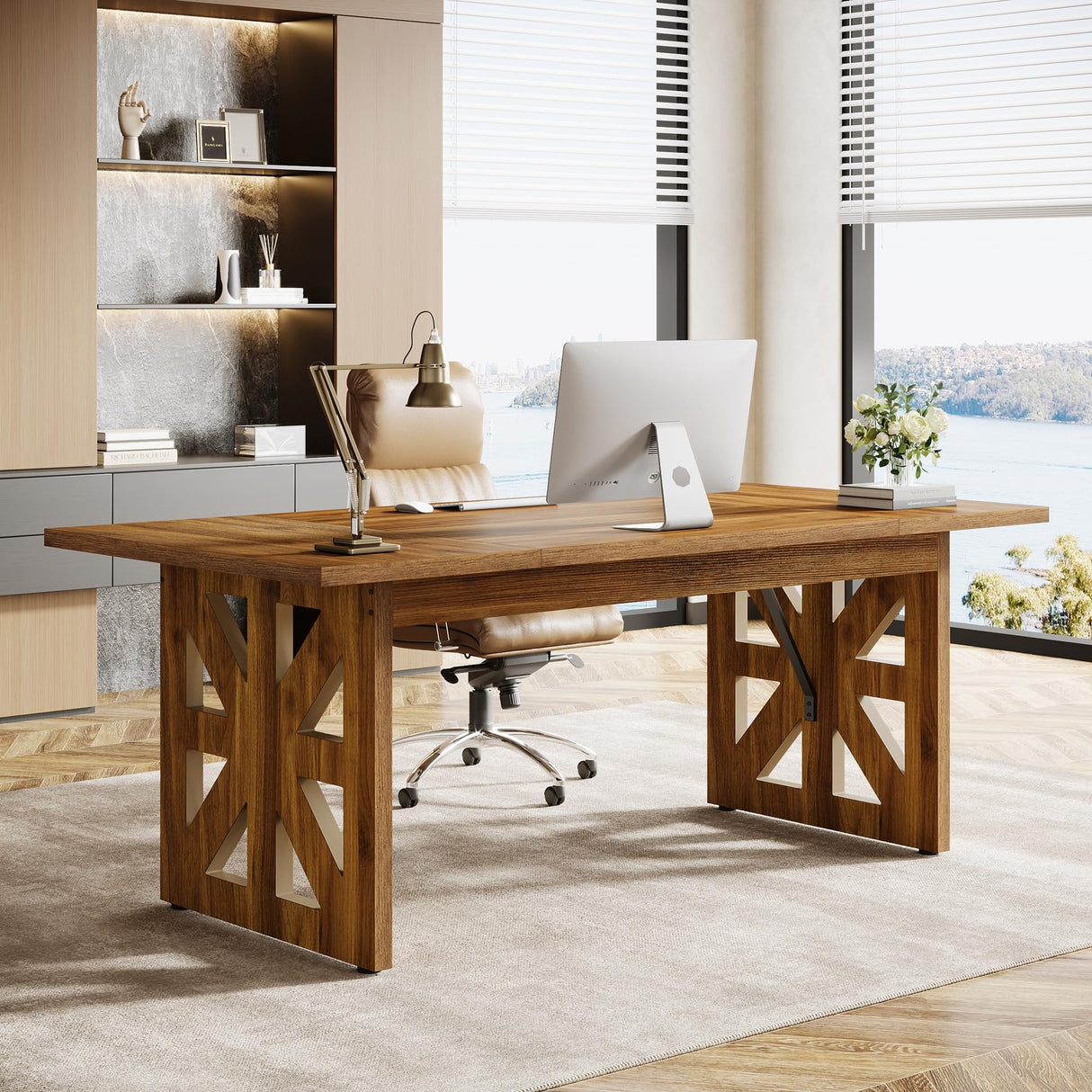 Tribesigns 62.4" Large Executive Desk, Farmhouse Computer Office Desk with Double Robust Pedestal, Rustic Wooden Study Writing Table Workstation for Home Office, Brown Tribesigns