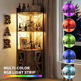 Corner Bar Cabinet with RGB LED Lights and Power Outlet, 63 Inch, 5-Tier Industrial Corner Wine Cabinet with Glass Holder, Corner Liquor Cabinet for Home, Bar Cabinet - Rustic Brown Pipleo