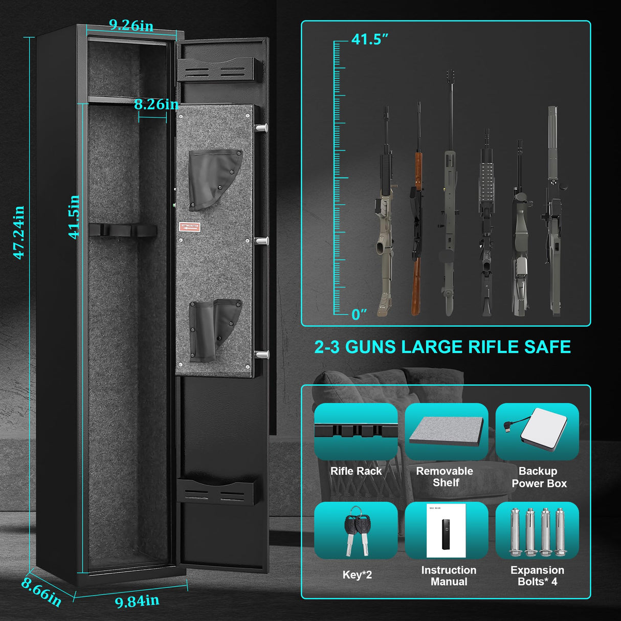 Marcree 2-3 Gun Safes for Rifles and Pistols, Gun Cabinets for Rifles and Shotguns, Gun Cabinet with Alarm System & Mute Mode, Shotgun Safe with 180° Quick Access Door and Removable Shelf Marcree