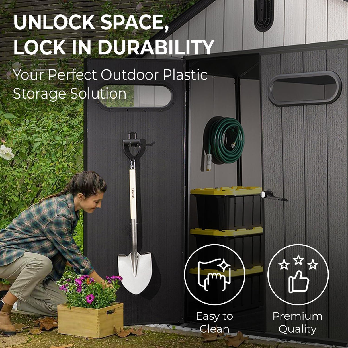 EconoHome 8x8 Ft Outdoor Storage Shed with Floor - Waterproof Shed with Lockable Door for Garden - Backyard, Tool Storage Use - Grey EconoHome