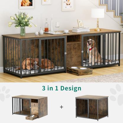 YITAHOME 94.5" Large Dog Crate Furniture with Feeder Bowls, Dog Crate Furniture Large Breed TV Stand with Room Divider and Drawer, Wooden Dog Kennel Furniture for 2 Large/Medium Dogs, Brown - WoodArtSupply