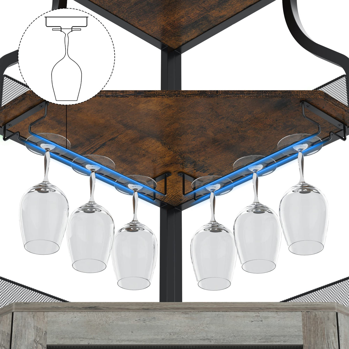 GAOMON Wine Corner Cabinet with Removable Wine Rack, Wine Cabinet and Wine Glass Bar Cabinet with Glass Rack and Mesh Door, Wine Cabinet with Reasonable Functional Partitioning (Retro Brown) GAOMON