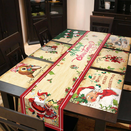 VitalCozy 7 Pcs Vintage Christmas Table Runner and Placemats Set 72 x 13 Inch Retro Christmas Table Cloth Runner Xmas Dining Mats Linen for Holiday Kitchen Dining Decoration VitalCozy