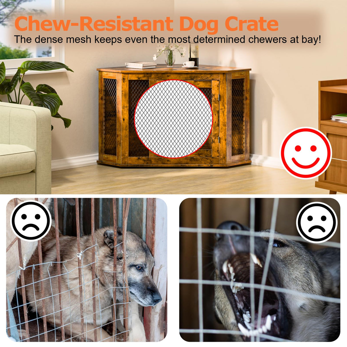 VENDORZ Corner Dog Crate Furniture, 44" Wooden Dog Kennel Furniture End Table with Mesh, Dog Kennel Indoor Furniture for Small Medium Dogs, Modern Decorative Wood Pet House Dog Cage Crate, Brown VENDORZ