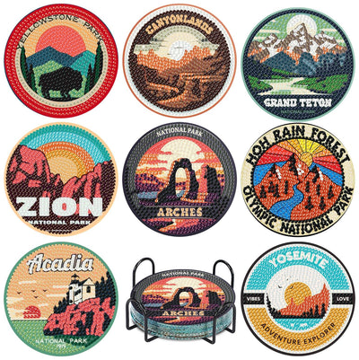 NEGEKFKX 8 Pcs National Park Diamond Art Painting Coasters Kits, Coaster with Holder for Adults, Non-Slip DIY Dot Paint Craft Kits,5D Full Drill DIY Diamond Dot Gem Art Kit Home Decor Arts Craft