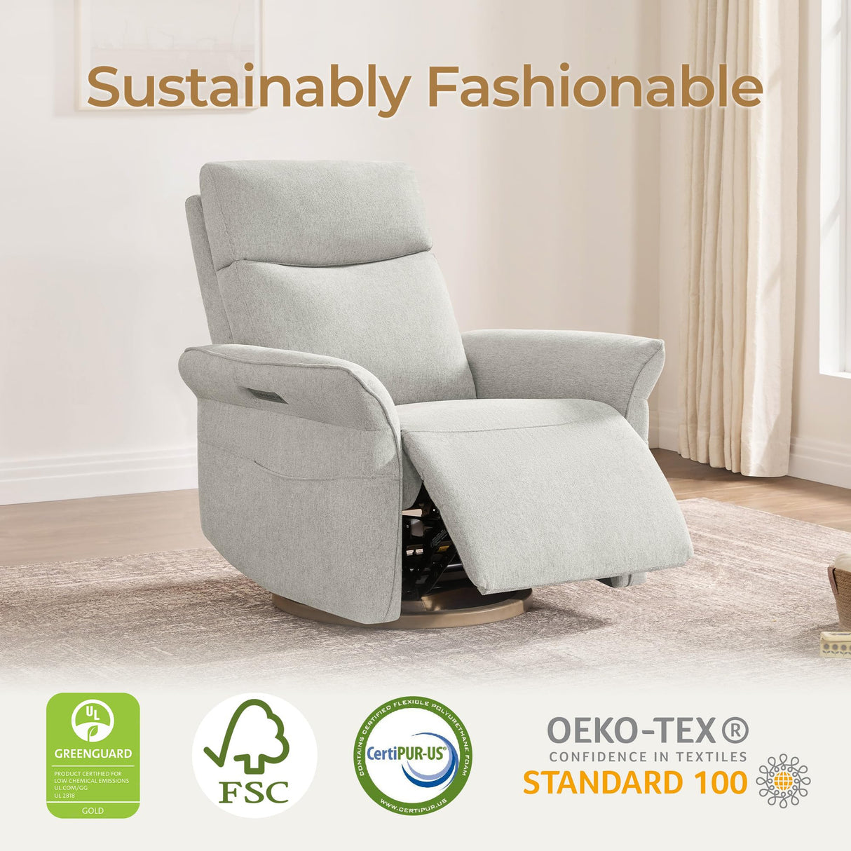 CHITA Power Recliner Chair, Electric Triple-Motor Swivel Glider Nursery Rocking Chair with Adjustable Power Headrest and Lumbar Support, Solid Wood Base, Crockery Grey CHITA