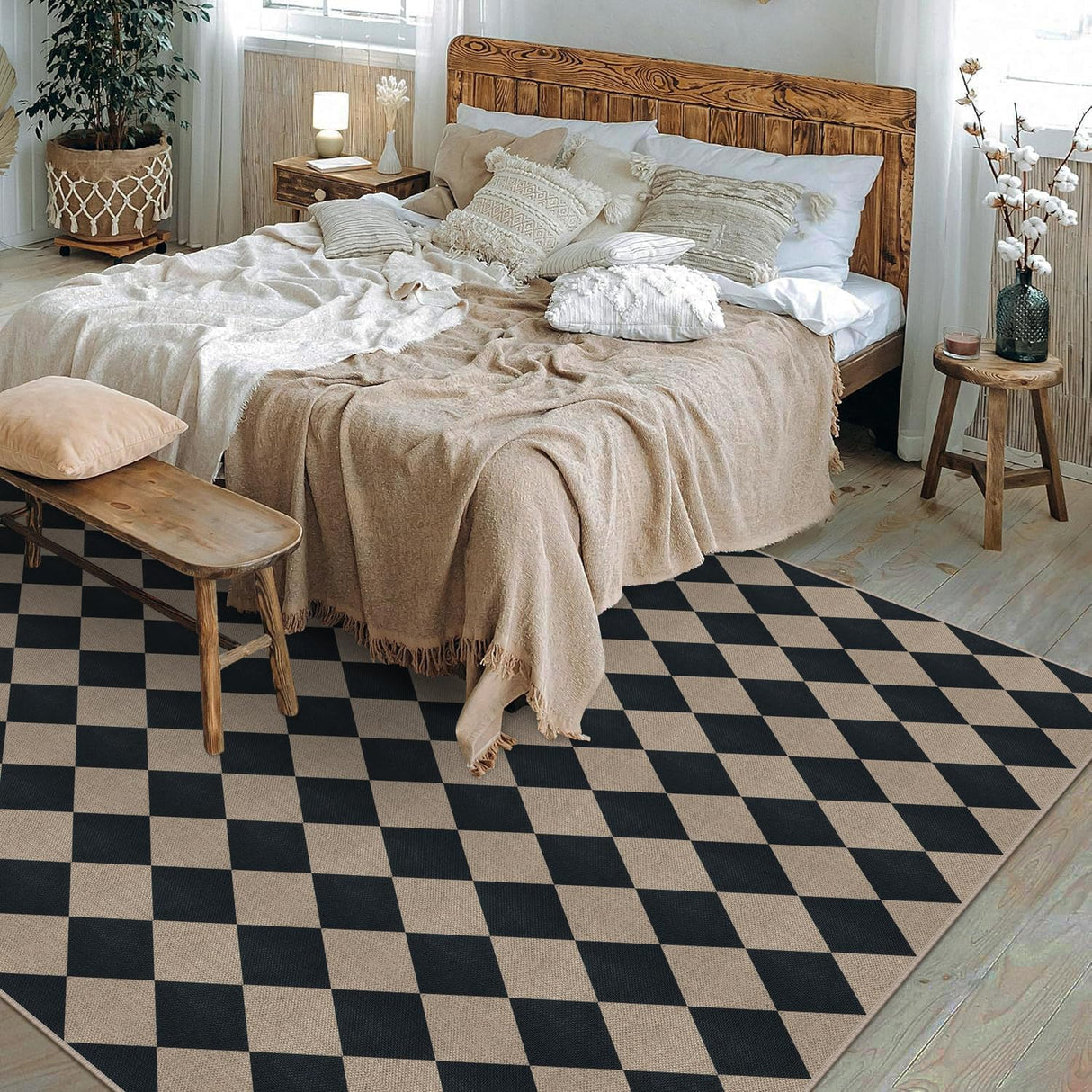 Rugalia Easy Jute Black Checkered 8x10 Area Rug, Washable Modern Outdoor Rug for Patio Non-Slip Diamond Rugs for Living Room, Neutral Farmhouse Floor Carpet for Bedroom Dining Room Classroom Rugalia