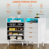 Apeaka 4 Drawer Dresser with LED Light, Wood White Dresser for Bedroom Modern Chest of Drawers 38" Tall Nightstand Bedside Table with Shelf Apeaka