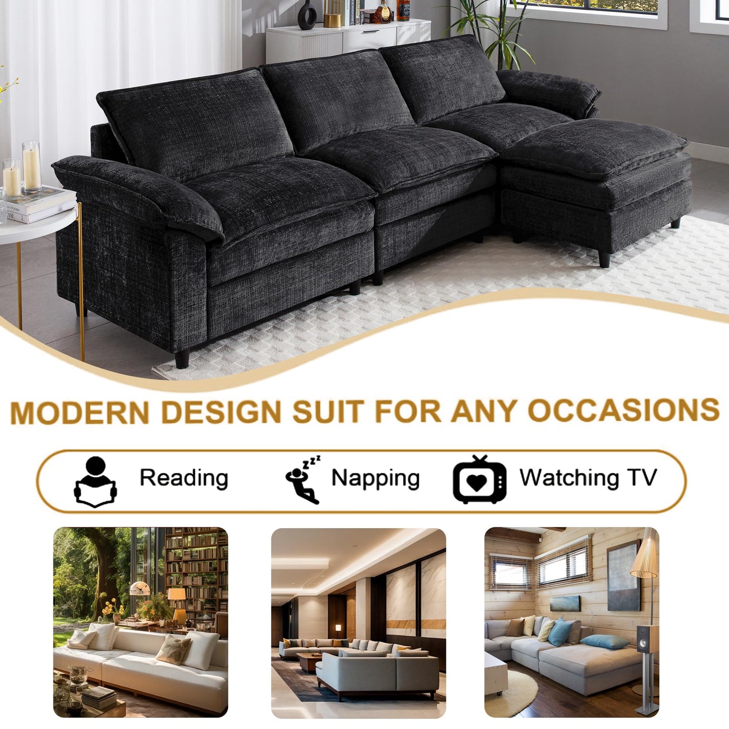 113.5" L Shaped Sectional Sofa, Modern Modular Cloud Couch with Movable Ottoman, 3 Seat Couches for Living Room, Apartment, Black Chenille