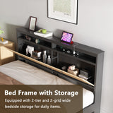 affeivul Boho Bed Frame Queen Size with Headboard, Rattan Bed Frame with Led Lights, Farmhouse Bed Frame with Storage, Charging Station and Cat Cabinet, NO Box Spring Needed, Metal and Wood Combine affeivul