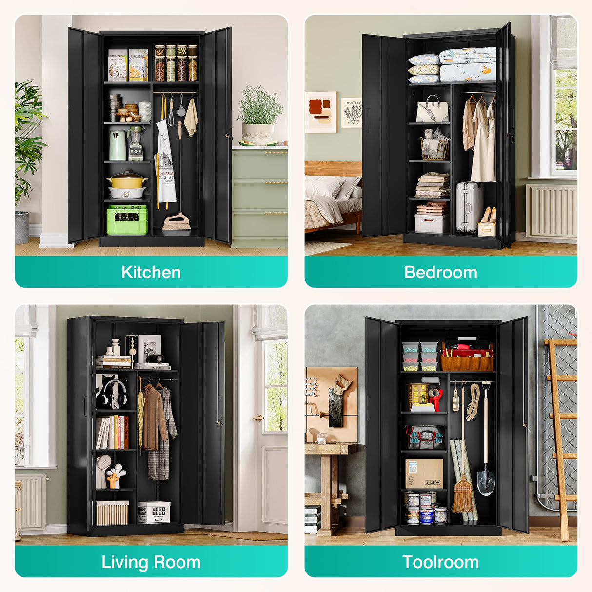 Wide & Deep Metal Storage Cabinet with Hanging Rod,Black Broom Closet Storage Cabinet with Lock,72" Tall Wardrobe Cabinets with Doors and Shelves,Locking Steel Tool Cabinets for Home,Office,Garage SISESOL