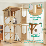 GIODIR 71" H Cat Catio Outdoor Cats Enclosure Window, 4 Tiers Cat Wooden House Cage on Wheels, Large Catios for Cats Indoor Patio with Waterproof Roof, Removable Floor and Scratching Post (Natural) GIODIR