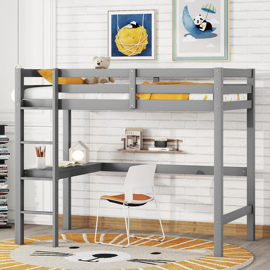 Bellemave Twin Loft Bed with Desk,Loft Bed for Kids,Wooden Loft Bed Frame,Built in Desk and Ladder,Gray