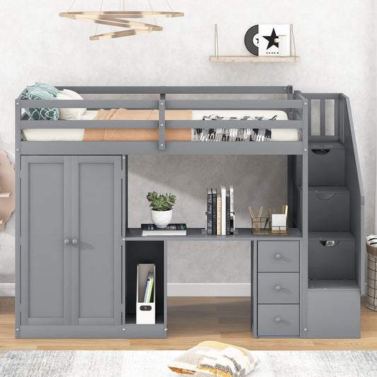 Gray Twin Size Loft Bed with Stairs, Desk, and Wardrobe Storage by Harper & Bright Designs - WoodArtSupply