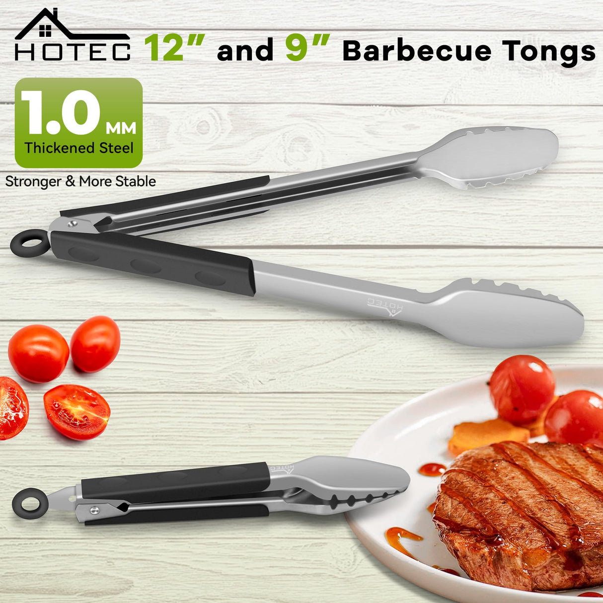 Hotec Stainless Steel Kitchen Tongs Grill Tongs Set of 2-9" and 12", Barbecue Tongs Locking Metal BBQ Kitchen Food Tongs for Cooking Non-Slip Grip HOTEC