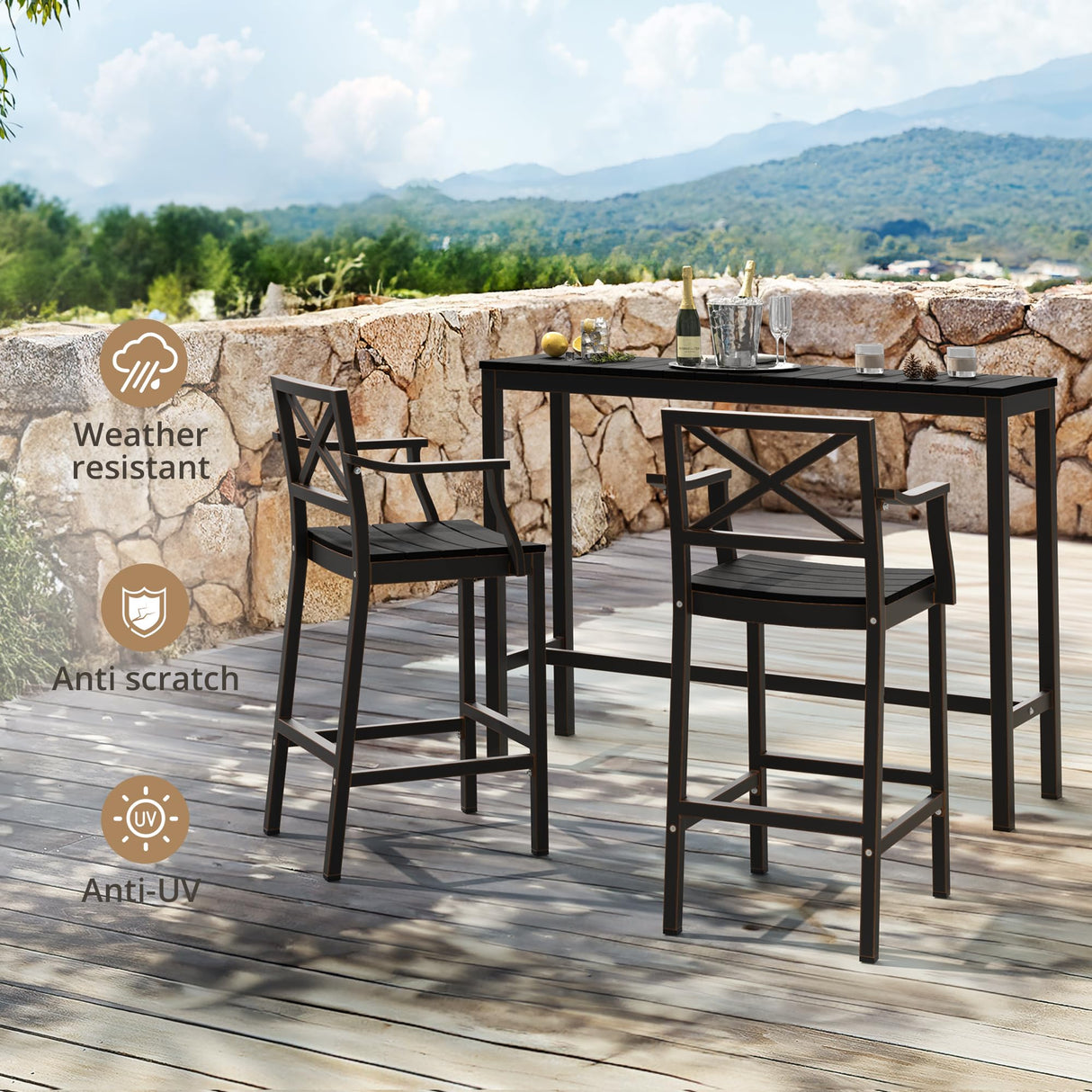 Cozyman Outdoor Bar Table, 55" Black Patio Bar Height Counter Table, Waterproof HDPS Slatted Top, Weather Resistant, Hot Tub, Balcony, Yard, Indoor or Outdoor Use Cozyman