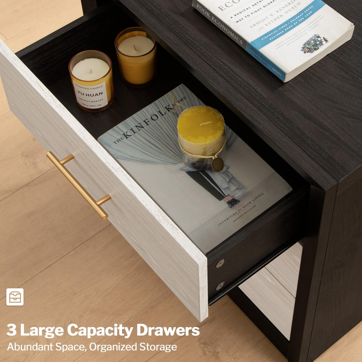 SICOTAS 24" Night Stands Set of 2, Black Nightstand with Charging Station, Large 3 Drawers Nightstand, Tall Mid Century Modern Nightstands Bedroom Bed Side Table for Bedroom Living Room Sofa SICOTAS