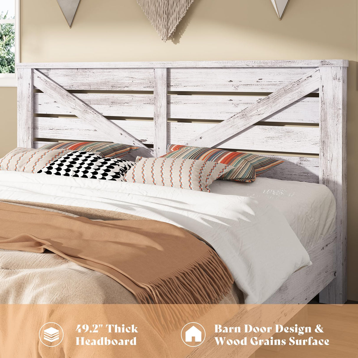 AMERLIFE King Size Distressed White Farmhouse Bed Frame with Barn Door Headboard and Under Bed Storage AMERLIFE