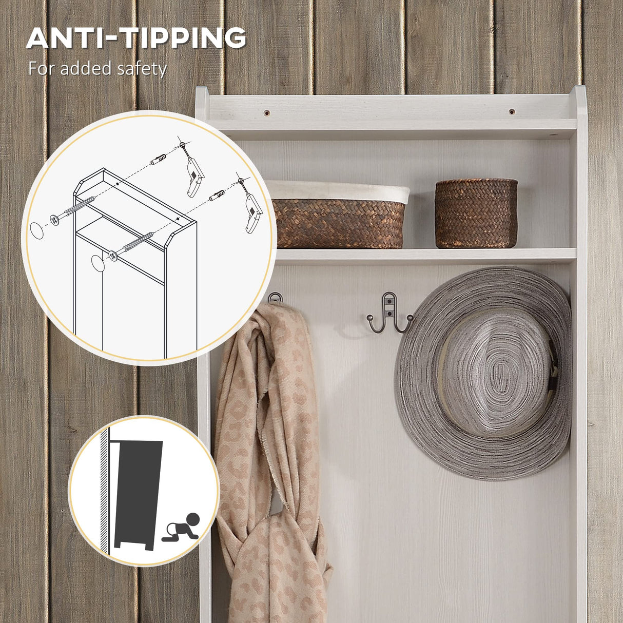 HOMCOM Narrow Hall Tree with Shoe Storage Bench, Rustic Entryway Bench with Coat Rack, Accent Coat Tree with Storage Shelves for Hallway, Mudroom, White Wood Grain HOMCOM