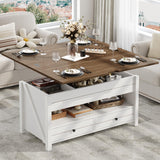 ONBRILL Farmhouse Lift Top Coffee Table with 2 Storage Drawers, Rustic Center Table with Large Hidden Storage Compartment,Storage Coffee Table Converts to Dining Table for Living Room, Brown and White ONBRILL
