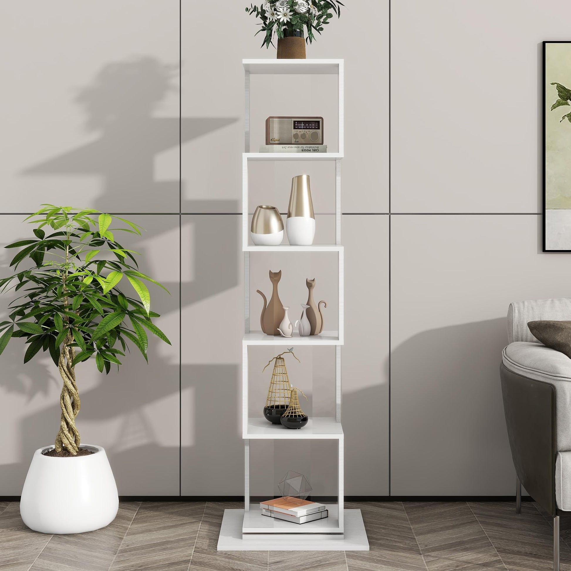 Rotating 360° Display Bookshelf by Rpuzonier - 5 Tier White Storage Rack with Acrylic Plates - WoodArtSupply