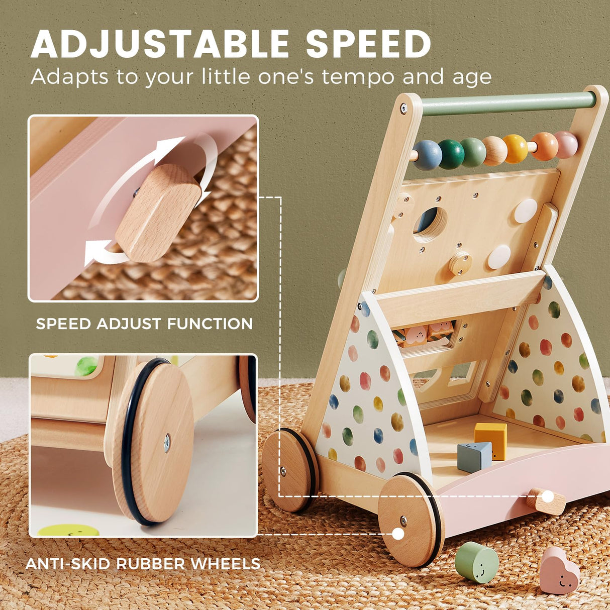 Tiny Land Wooden Baby Walker, Baby Push Walker, Montessori Walker Toy, Adjustable Speed Baby Walker for Boys and Girls, Baby Activity Center, Push Toys for Kids Development Tiny Land