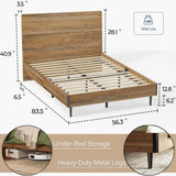 LINSY Wood Bed Frame, Full Bed Frame with Headboard LED, Wooden Platform Frames with Charging Station, No Box Spring Needed, Easy Assembly, Rustic Brown LINSY