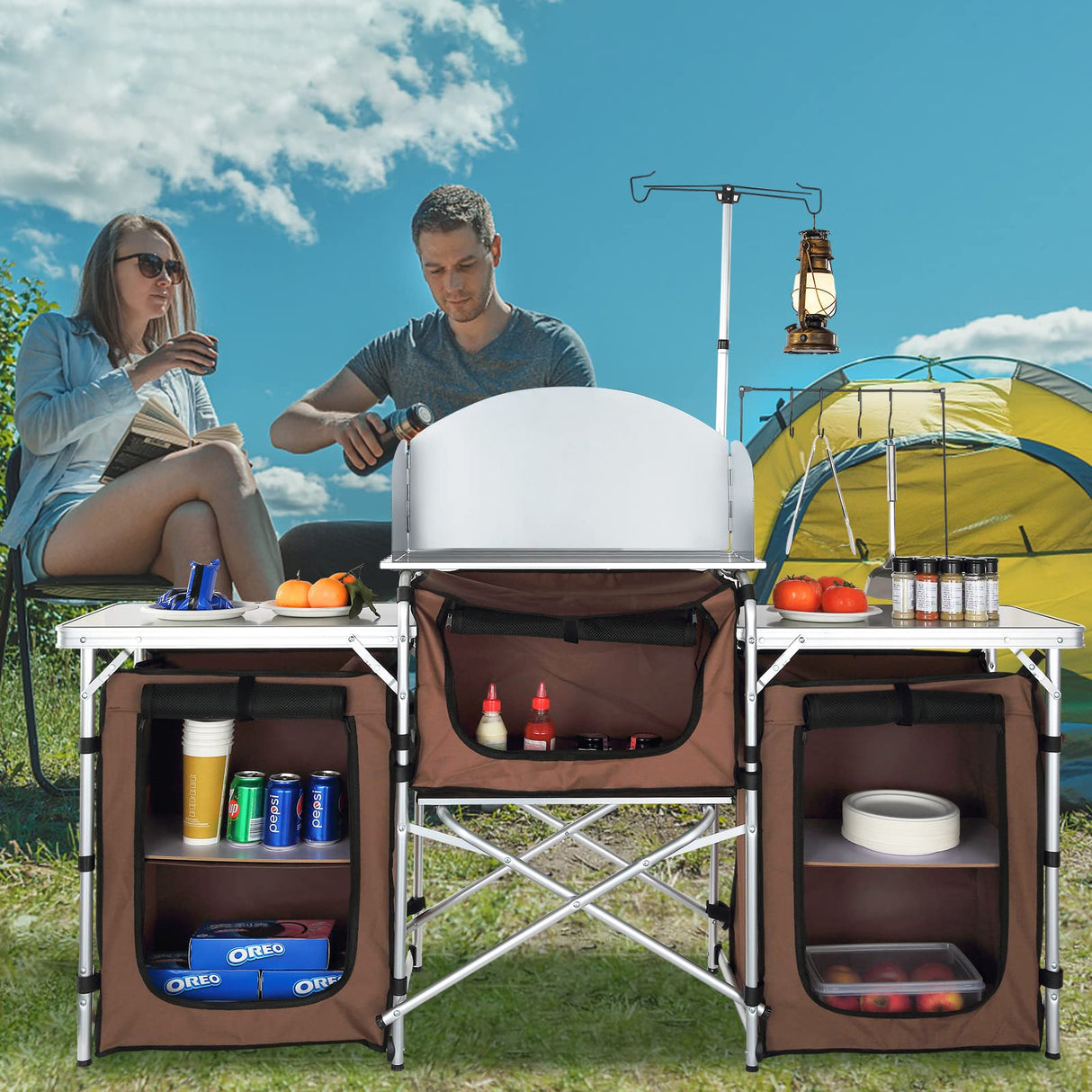 VEVOR Camping Kitchen Table, Folding Outdoor Cooking Table with Storage Carrying Bag, Aluminum Cook Station 3 Cupboard & Detachable Windscreen, Quick Set-up for Picnics, BBQ, RV Traveling, Brown VEVOR