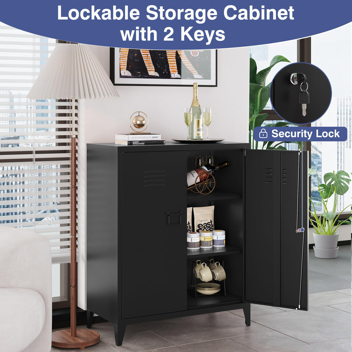 LISSIMO Metal Storage Cabinet,Home Office Cabinet with Doors and Adjustable Shelves,Locking Cabinet with Adjustabl Leg Levelers Assembly Required(Black) LISSIMO