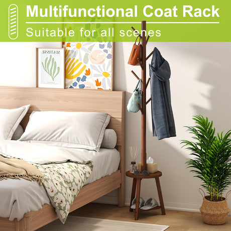 BMOSU Coat Rack freestanding Stand with 2 Shelves Bamboo Wooden Coat Tree Easy Assembly 8 Hooks Standing Jackets Hanger Hallway Office Floor Coat Stand Brown BMOSU