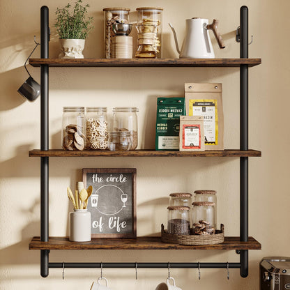 Bestier 3 Tier Industrial Pipe Shelving, Floating Book Shelves for Wall, Storage Hanging Shelves with Towel Bar for Bathroom Organizer Bedroom Kitchen Plants Office. 31.5 Inch Rustic Brown - WoodArtSupply