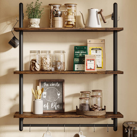 Bestier 3 Tier Industrial Pipe Shelving, Floating Book Shelves for Wall, Storage Hanging Shelves with Towel Bar for Bathroom Organizer Bedroom Kitchen Plants Office. 31.5 Inch Rustic Brown Bestier