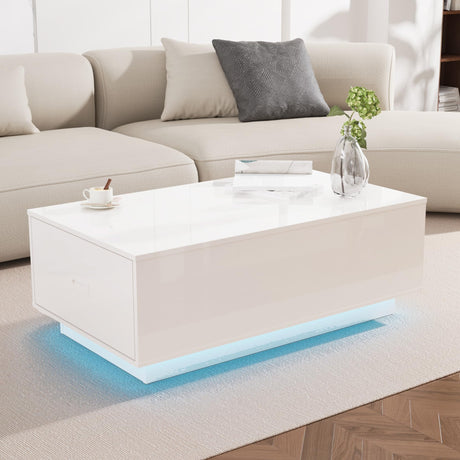 holzart 41" LED Coffee Table with 2 Drawers - High Gloss White Modern Table with Lighting for Living Room (41.33" W x 23.62" D) holzart