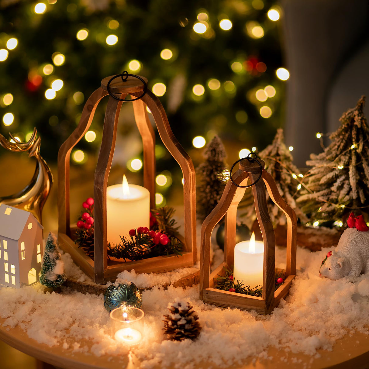 Romadedi Farmhouse Decorative Lantern Wooden - Set of 2 Rustic Wood Lanterns Candle Holder for Wedding Table Centerpieces Indoor Outdoor Fireplace Mantle Home Decor, Brown Romadedi