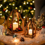 Romadedi Farmhouse Decorative Lantern Wooden - Set of 2 Rustic Wood Lanterns Candle Holder for Wedding Table Centerpieces Indoor Outdoor Fireplace Mantle Home Decor, Brown Romadedi