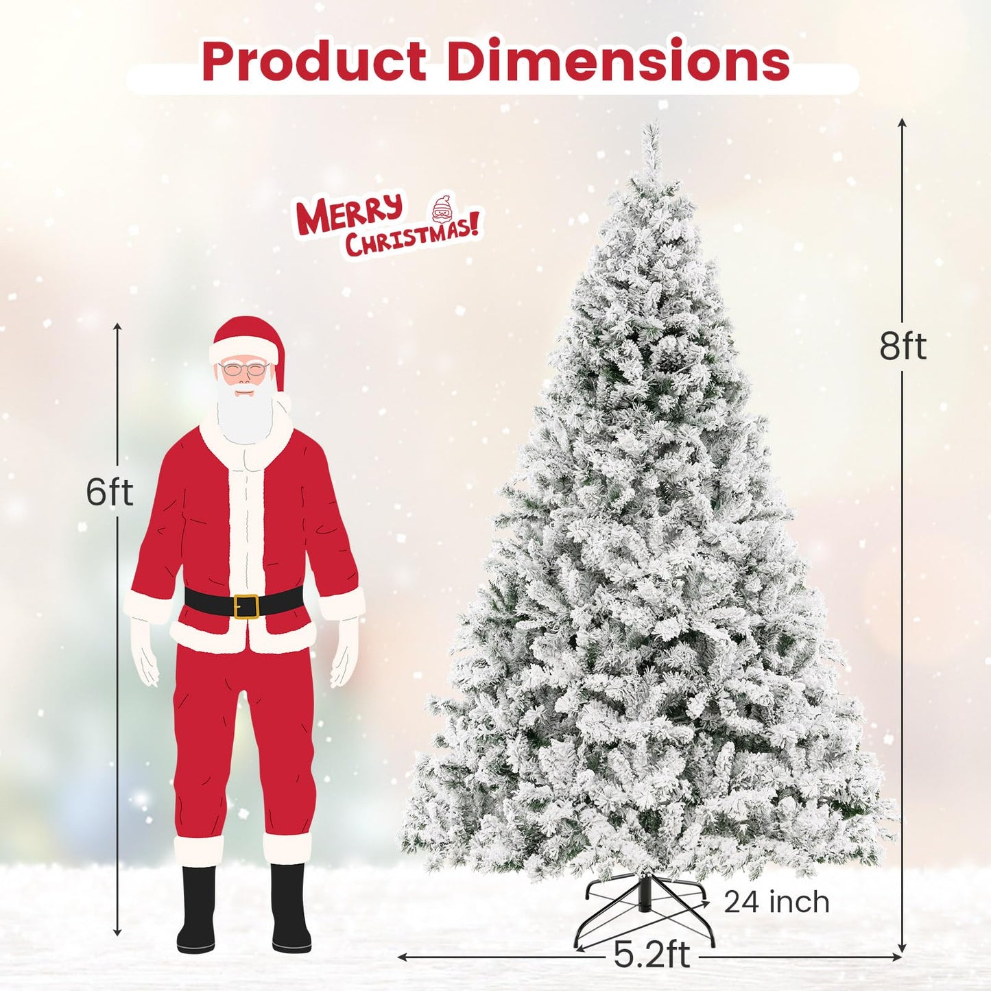 Goplus 3-Minute-Setup Pre-Lit Snow Flocked Christmas Tree, 8ft Artificial Hinged Xmas Tree with 600 Warm-White LED Lights, 1370 Branch Tips, Upgraded Metal Stand, for Office Home Holiday Decor