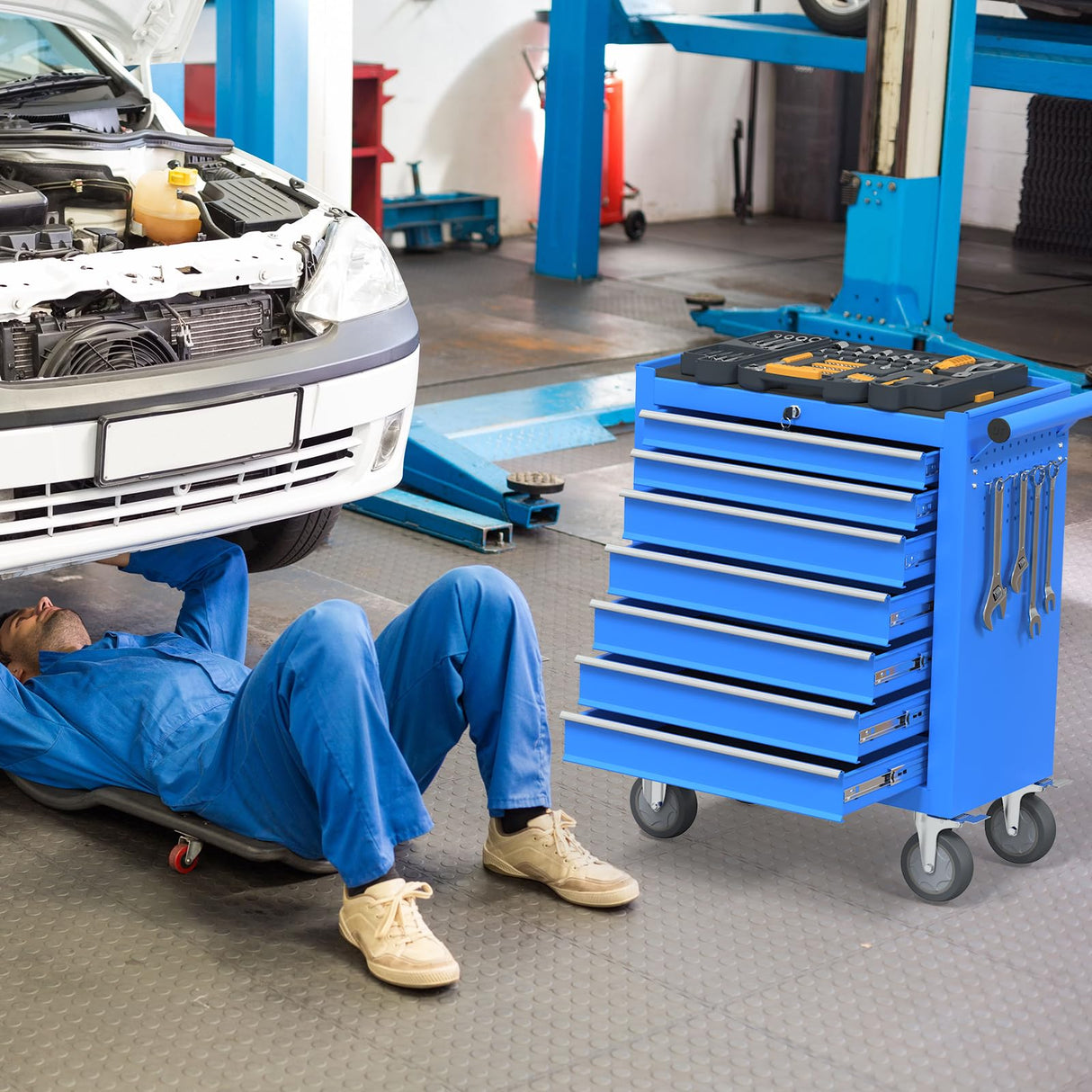 Cemostey 7 Drawers Tool Chest with Wheels, Metal Rolling Tool Box with Drawers, Large Capacity Tool Storage Cabinet with Keyed Locking, Tool Organizer Box for Garage, Workshop, Warehouse- Blue Cemostey