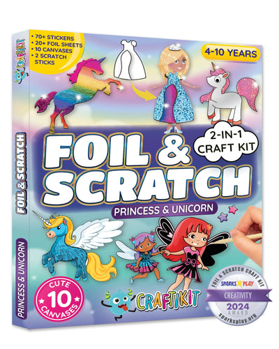 Craftikit ® Award-Winning Unicorn and Princess Foil Art & Rainbow Scratch Art for Kids- 2-in-1 Arts and Crafts Kit for Kids Ages 4-10 - Unicorn Crafts for Girls Ages 4, 5, 6, 7, 8, 9, 10