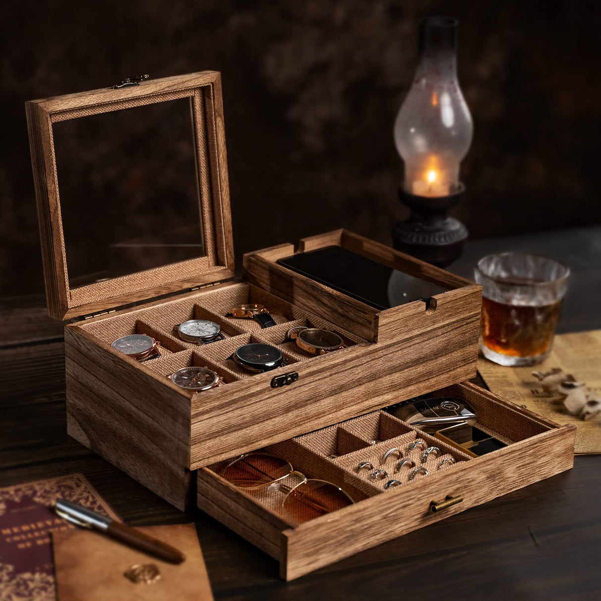 Pinzoveco Watch Box Organizer for Men, 6 Slot Mens Jewelry Box Display & Storage Watch, Solid Wood Watch Case for Men, Gift for Boyfriend Fathers Day Birthday Gifts (Carbonized Brown) Pinzoveco