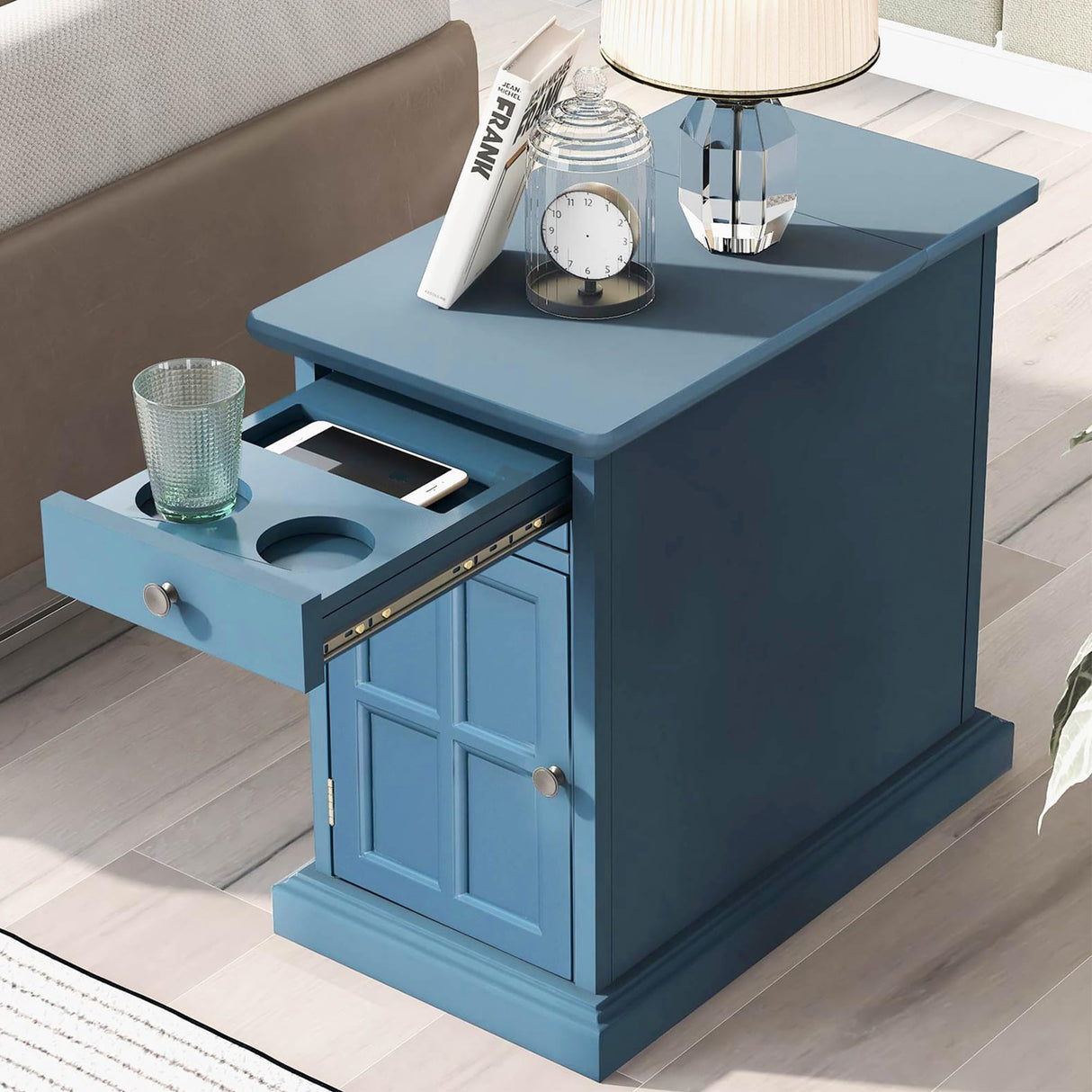 Traditional Wood End Table with Charging Station, Modern Vintage Sofa Chair Side Table Nightstand with Storage & Drawer for Living Room Bedroom, No Assembly, Antique Navy Amposei