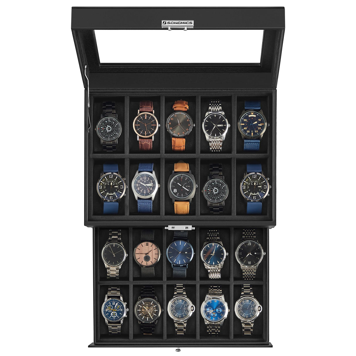 SONGMICS 20-Slot Watch Box, Watch Case with Glass Lid, 2 Layers, Lockable Watch Display Case, Black Synthetic Leather, Black Lining UJWB020B01 SONGMICS