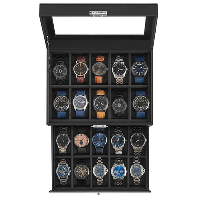 SONGMICS 20-Slot Watch Box, Watch Case with Glass Lid, 2 Layers, Lockable Watch Display Case, Black Synthetic Leather, Black Lining UJWB020B01