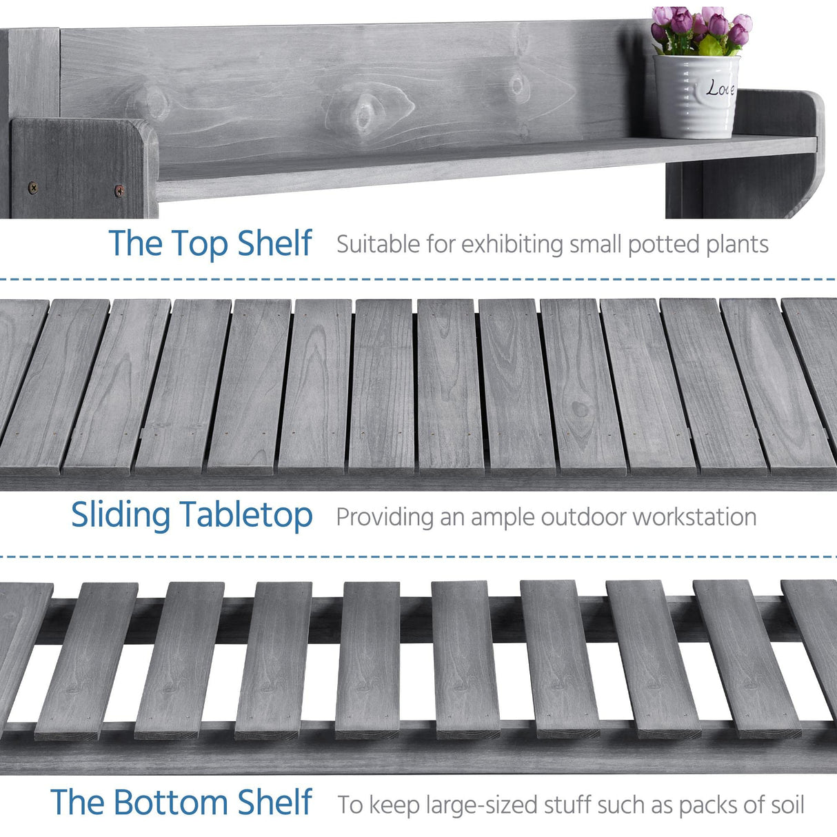 Topeakmart Potting Table Wood Workstation Table w/Sliding Tabletop w/Removable Dry Sink Storage Shelves Outdoor Garden Work Benches Station Planter Bench for Backyard Patio Gray Topeakmart